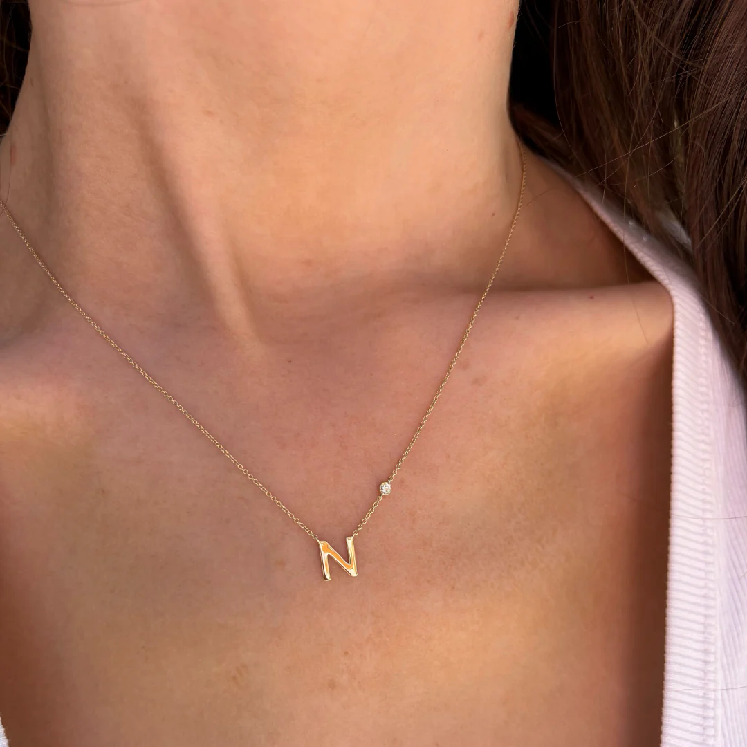 Block Font Initial Pendant with Diamond Bezel - Image 2