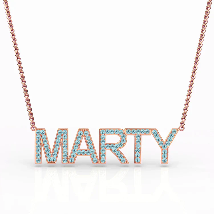 Block Letter Aquamarine Name Necklace