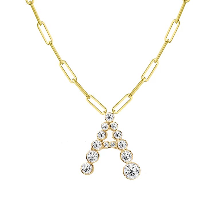 Bubble Diamond Initial Necklace with Paperclip Chain