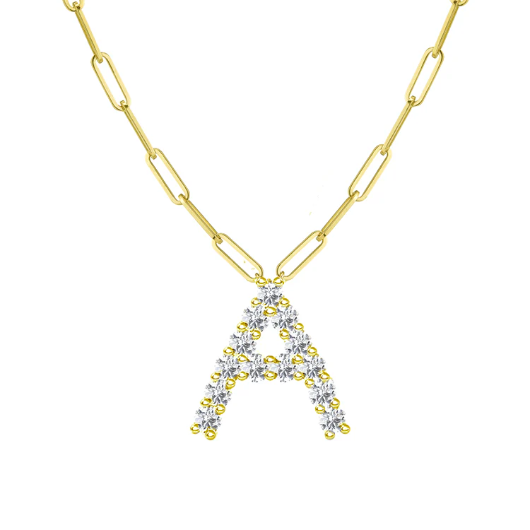 Diamond Initial Pendant with Paperclip Chain