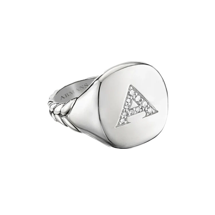 Diamond Initial Pinky Ring with Woven Scale Band - Image 2