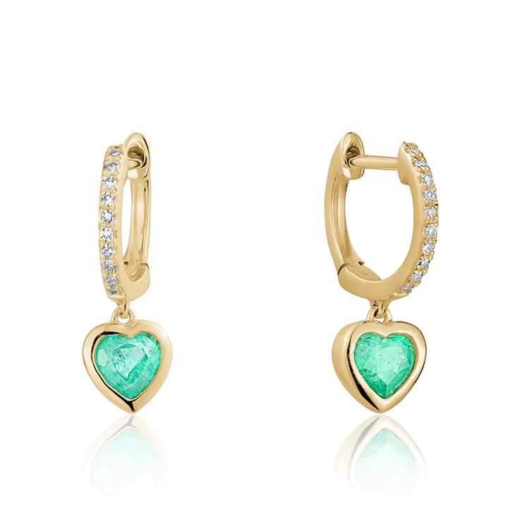 Heart Huggies with Green Emeralds and Diamonds - Image 3