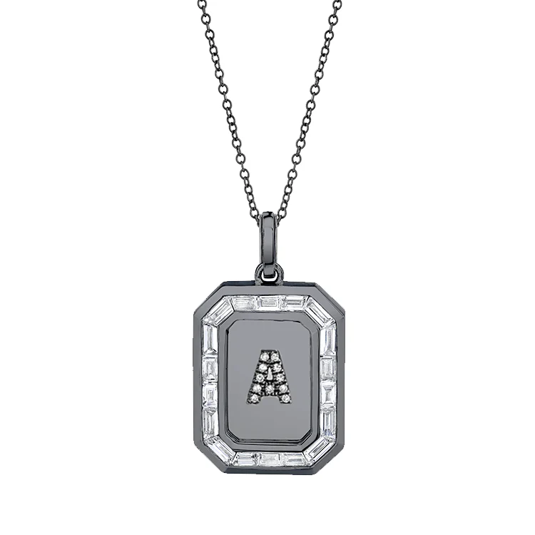 Men's Pavé Initial Nameplate Necklace with Baguette Diamonds - Image 3