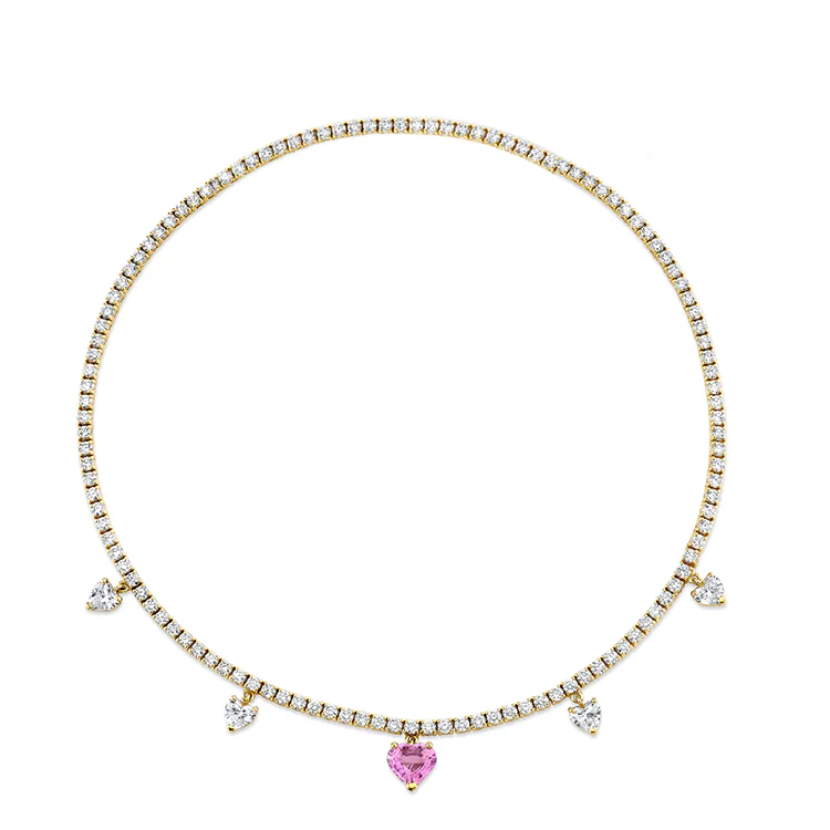 Pink Sapphire and Diamond Dangling Heart Tennis Necklace - Image 2