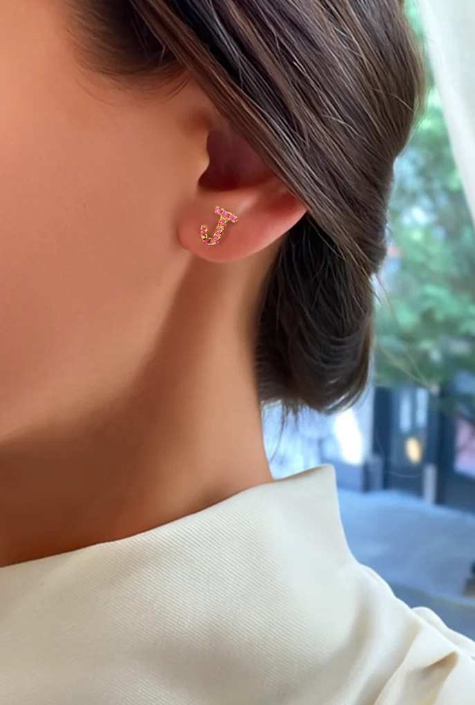 Pink Sapphire Initial Earrings - Image 2