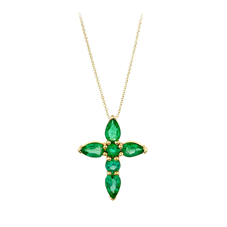 Prong Set Green Emerald Cross Necklace